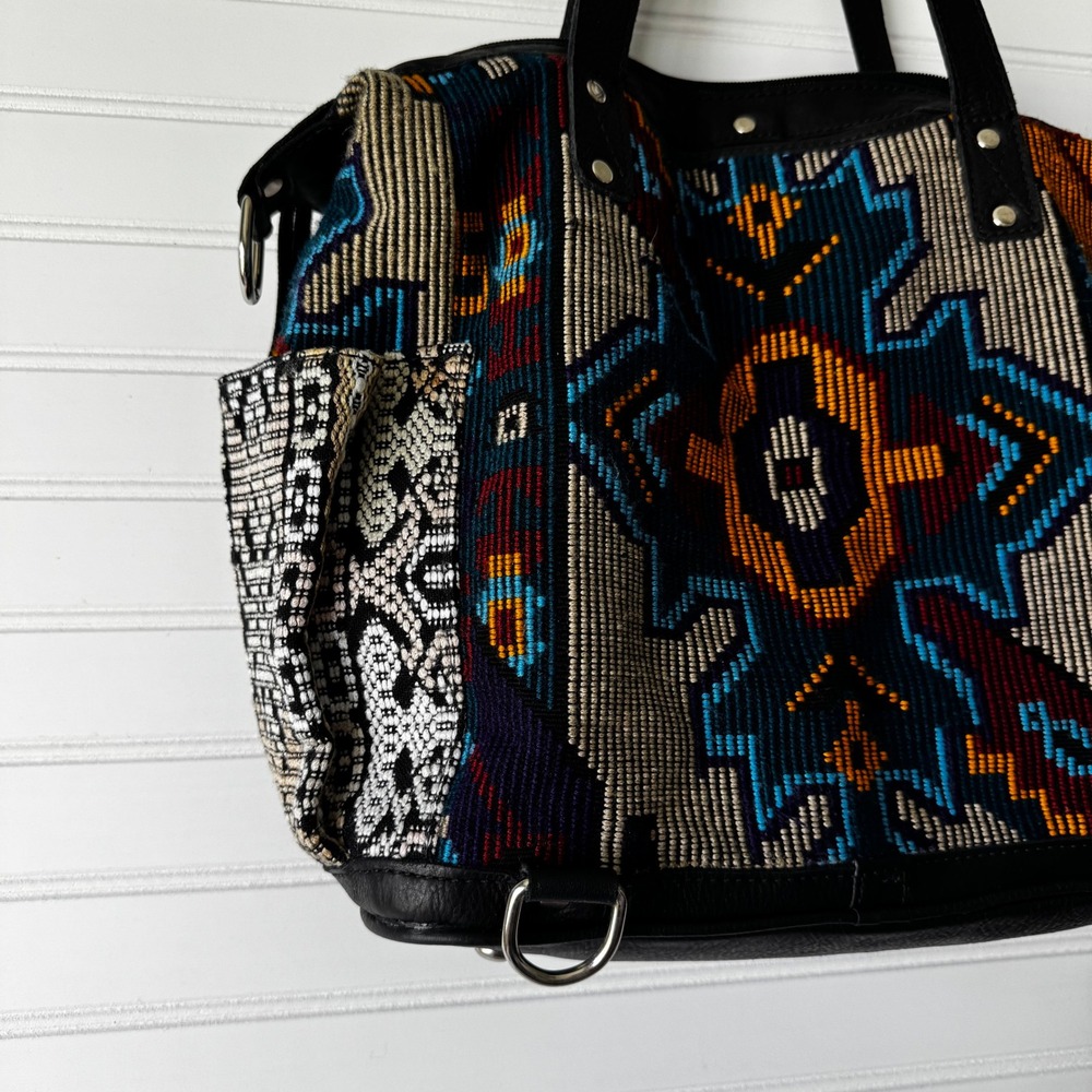 Maria's Artisan Shop Boho Tribal Woven Leather Tote Bag Fringe Backpack - Picture 4 of 14